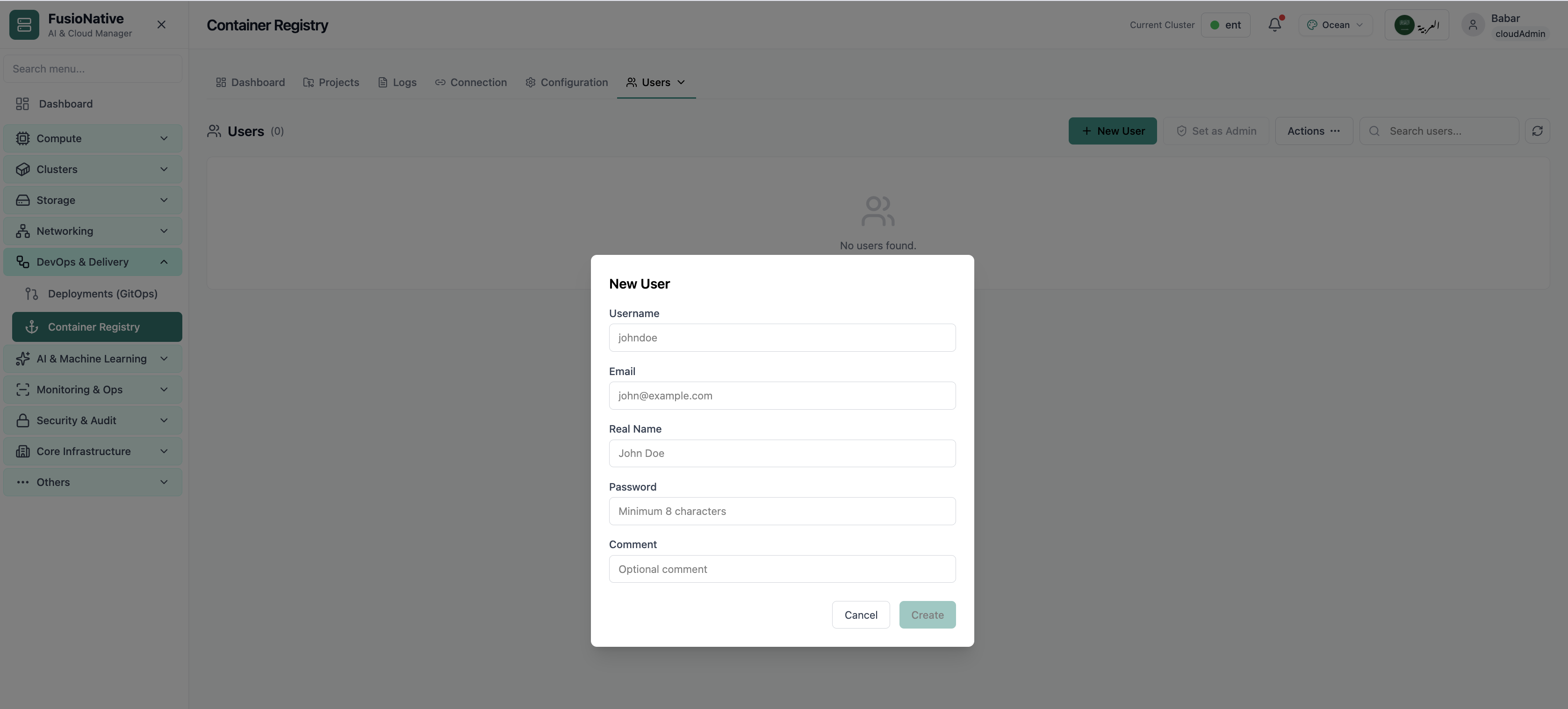 Create registry user modal.